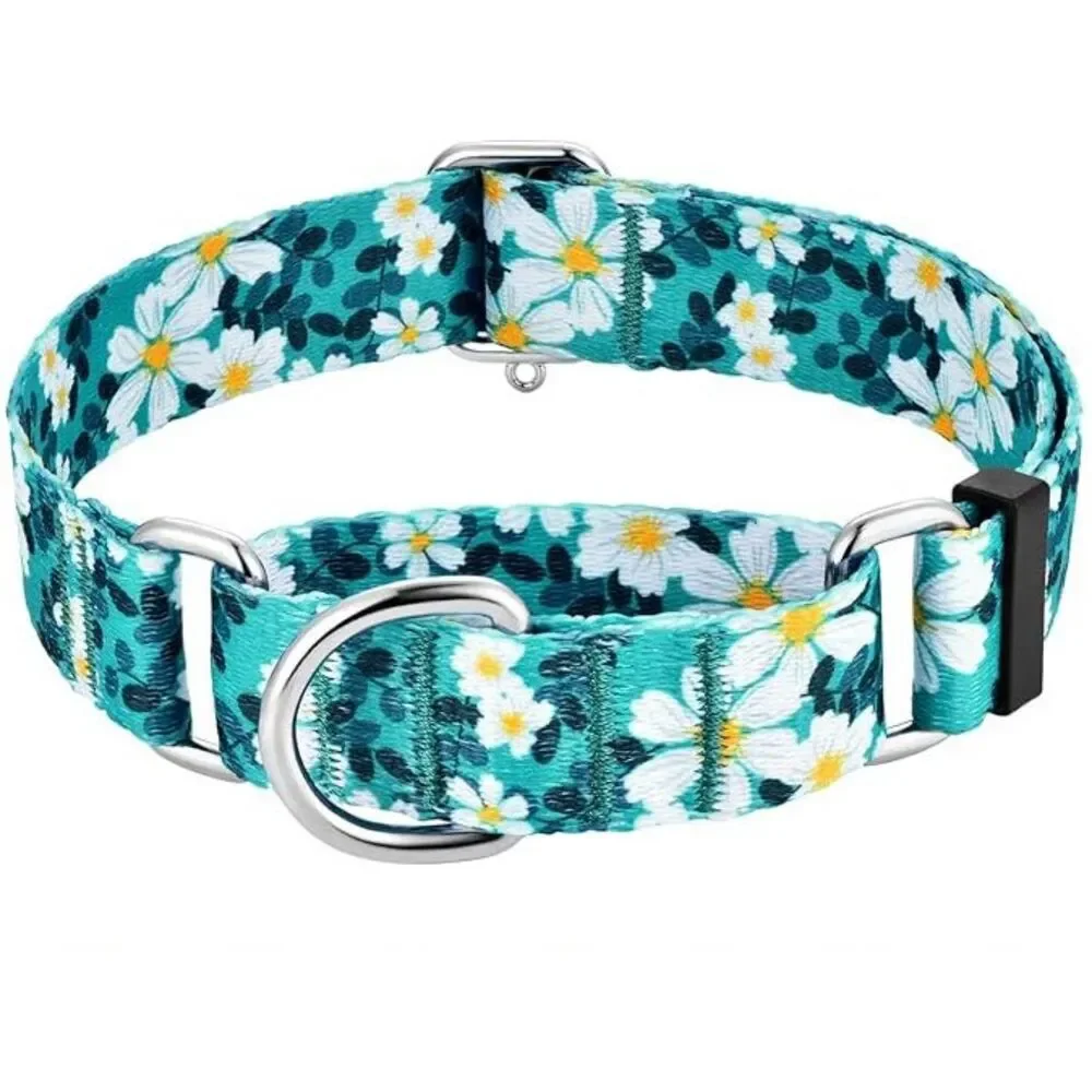 Hikiko Martingale Dog Collar with No Buckle No Pull , Green Flower, Size S